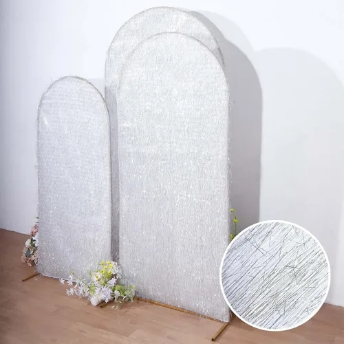 Miniatura 4 de Efavormart - Juego de 3 fundas para telón de fondo con flecos metálicos plateados, fundas ajustables para arcos de boda redondos - 5, 6, 7 pies Plata