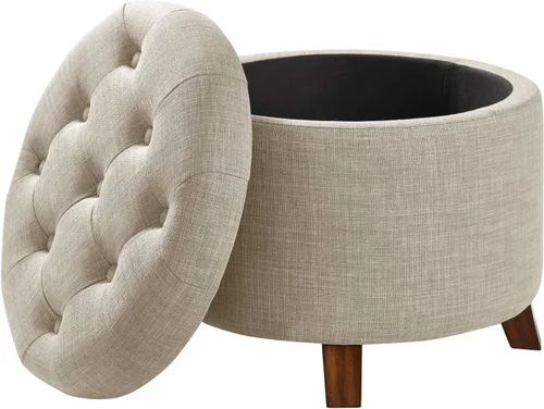 Miniatura 5 de Amazon Basics Reposapiés otomano redondo tapizado copetudo, arpillera beige, 20 pulgadas de ancho x 20 pulgadas de profundidad x 17 pulgadas de alto
