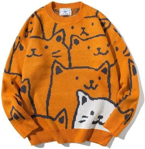 Miniatura 4 de Gato Gráfico Hombres Abuelo Suéter Japonés Gótico Punto Outwear Emo Alt Cuello Redondo Ropa Linda Y2K Tops de Manga Larga