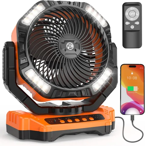 68HRS - Ventilador de campamento para correr con luz, batería recargable de 20000 mAh, potentes 4 velocidades y oscilación automática, con Naranja