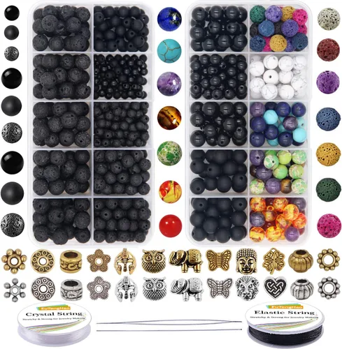 EuTengHao Juego de 810 cuentas de roca de lava de color, cuentas de chakras espaciadoras con cuerda de cristal de piedras preciosas volcánicas para