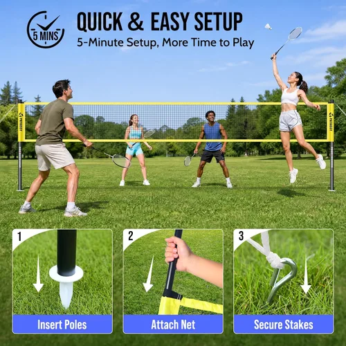 Miniatura 6 de Badminton Set for Backyard, Outdoor Badminton Net with Anti-Sag Design, 4 Professional Badminton Rackets, 4 Shuttlecocks and Carry Bag for Lawn or