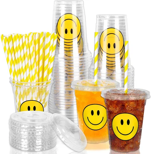 Miniatura 12 de Whaline 50 vasos de plástico desechables patrióticos de 12 onzas con tapas y pajitas con la bandera estadounidense del 4 de julio, vasos