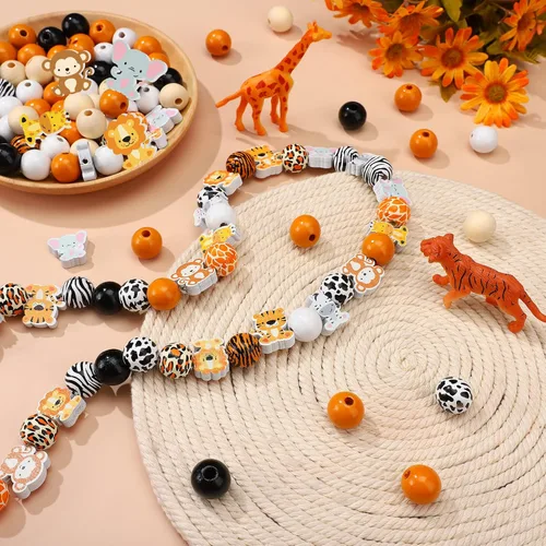 Miniatura 3 de 200 piezas de lindas cuentas de madera con animales de la jungla con estampado de vaca, leopardo, tigre y jirafa, cuentas sueltas con separadores