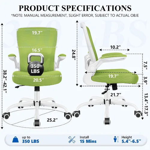 Miniatura 3 de FelixKing Silla de oficina, silla de escritorio ergonómica, sillas de malla transpirable, respaldo alto, soporte lumbar ajustable, reposabrazos Verde