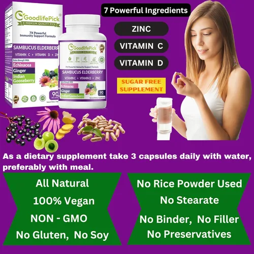 Miniatura 9 de 7 veces saúco con zinc, vitamina C, vitamina D, equinácea, jengibre y grosella espinosa india (Amla). Cápsulas de saúco prémium de 90