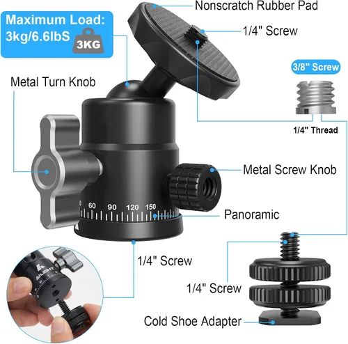 Miniatura 6 de Ailight Mini cabeza de bola, cabezal de trípode panorámico de 360°, adaptador de tornillo universal de 1/4 a 3/8 pulgadas, soporte de trípode