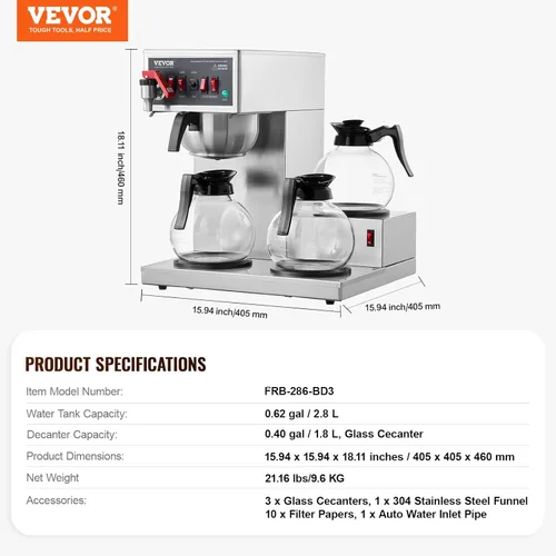 Miniatura 7 de VEVOR Cafetera Comercial de Goteo de 12 Tazas, Máquina de Café con 3 Jarras de Vidrio y 3 Platos Calentadores, Cafetera de Acero Inoxidable