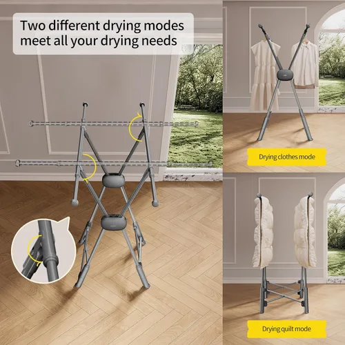 Miniatura 4 de BIREN Estante de secado de ropa resistente, estante plegable para ropa sucia, dos modos de secado, estantes para secar ropa, longitud ajustable