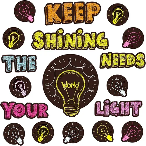 Conjunto de Tablero de Anuncios Bombilla Keep Shining, Decoración Motivacional para el Aula, Regreso a la Escuela, Recortes de Papel Temáticos con