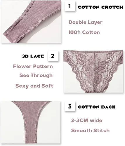 Miniatura 4 de CuteByte - Tangas de algodón para mujer, ropa interior sexy de encaje con espalda en T, transpirables, de tiro bajo, bragas hipster, paquete de 6