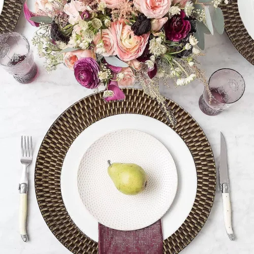 Miniatura 5 de Spsyrine Platos de carga rústicos de plástico de ratán sintético, juego de 6 elegantes cargadores de platos redondos para cenas, decorativos