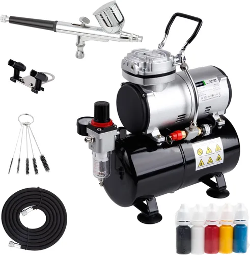 Timbertech Kit de aerógrafo con compresor AS-186K con pistola de aerógrafo, manguera de aire, cepillo de limpieza y pinturas para hobby, gráficos,