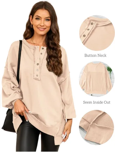 Miniatura 67 de AlvaQ - Sudadera de gran tamaño para mujer, informal, de manga larga, con botones y cuello Henley, tipo túnica