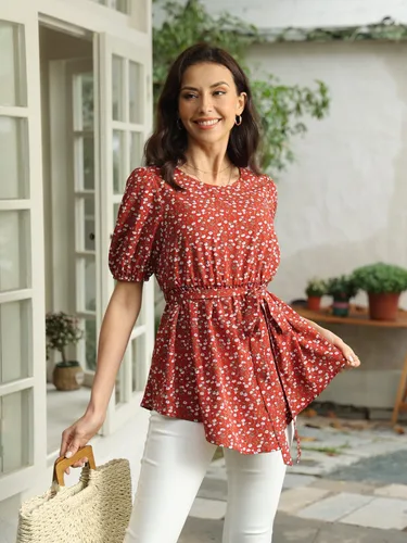 Miniatura 3 de MakeMeChic Camisa de maternidad floral de manga corta con cinturón para embarazo, blusa peplum