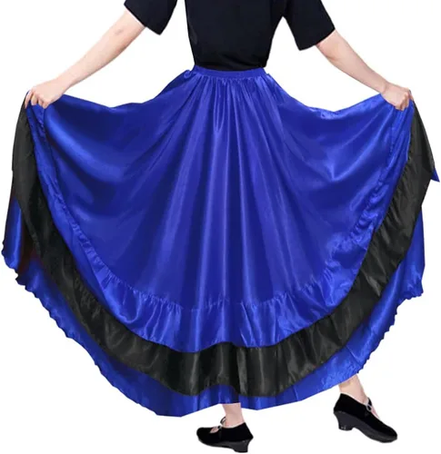 Miniatura 2 de Falda larga de satén con capas negras y rojas para mujer, para flamenco español, danza del vientre, ballet mexicano, actuación folklórica