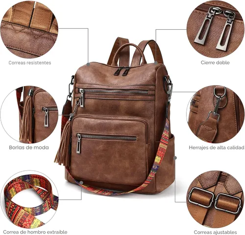 Miniatura 6 de Mochila de cuero Shrrie para mujer, bolso de diseñador de moda para mujer, mochila de viaje convertible, bolso de hombro con muñequera, Mochilas
