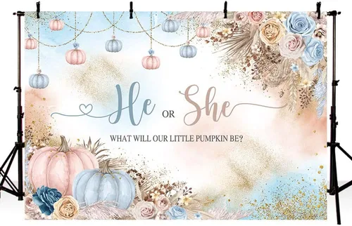 Miniatura 4 de AIBIIN Telón de fondo de revelación de género de 7 x 5 pies con texto en inglés "He or She What Will Our Little Pumpkin Be Background", color rosa