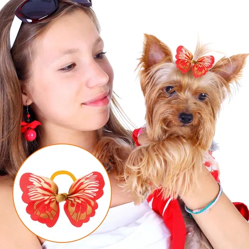 Miniatura 5 de Janinka 36 lazos para el pelo de perro con bandas de goma, lazos anudados para perros pequeños, perlas de flores, bandas elásticas para el cabello