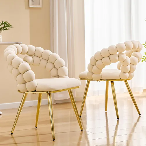 Miniatura 14 de Montary Juego de 2 sillas de comedor, modernas sillas de comedor con patas de acero dorado, elegantes sillas de piel sintética beige con respaldo