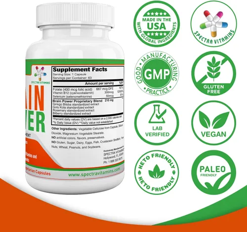 Miniatura 6 de Poder cerebral, apoya la concentración, nootrópicos, mejora la memoria, estado de alerta para hombres y mujeres, ginkgo biloba, Gotu Kola, 60