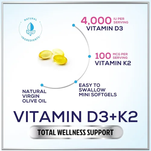 Miniatura 3 de Vitamina D con K2 (MK-7) – Vitamina D3 4000IU (125 mcg) por porción – Suplemento complejo D3K2 para huesos, dientes, músculos, absorción de calcio