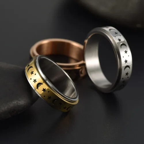 Miniatura 4 de Caiyao Anillo giratorio de acero inoxidable para mujeres y hombres, anillo giratorio con patrón de pentagrama y luna, antiestrés, alivio