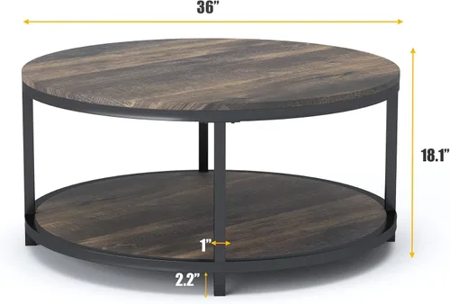 Miniatura 2 de NSdirect Mesa auxiliar redonda de 36 pulgadas, superficie de madera rústica y patas de metal resistentes, mesa industrial para sala de estar, Marrón