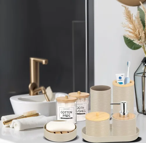 Miniatura 5 de IMAVO Juego de accesorios de baño - Juego de 11 piezas de accesorios de baño beige con cubo de basura, dispensador de jabón, jabonera, soporte
