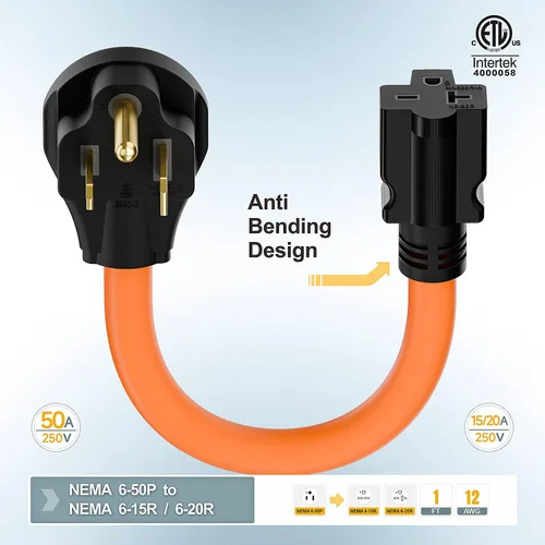 Miniatura 3 de Cable adaptador de corriente para soldador de 1.5 pies Nema 6-50P a 6-15R/6-20R, adaptador de hoja T 6-50P de 50 amperios a 6-20R 20A, 6-50 a 6-20R