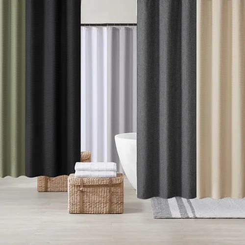 Miniatura 8 de Madison Park Cortina de ducha con tejido de gofre, teñido vibrante, cortina de ducha de punto gofre 3M Scotchgard para gestión de la humedad, Blanco
