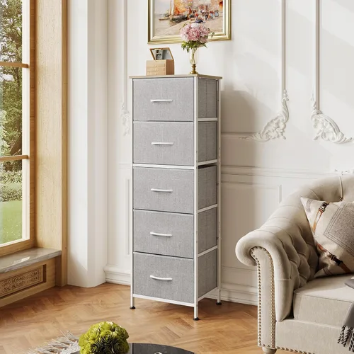 Miniatura 2 de WLIVE - Cómoda de tela con 5 cajones, cómodas altas para dormitorio, organizador de almacenamiento con cajones de tela, parte superior de madera
