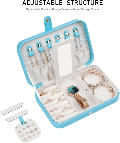 Miniatura 4 de V-LAFUY Joyero de viaje pequeño con espejo, caja de joyería portátil de viaje para mujeres y niñas, estuche de joyería para viajes, azul N