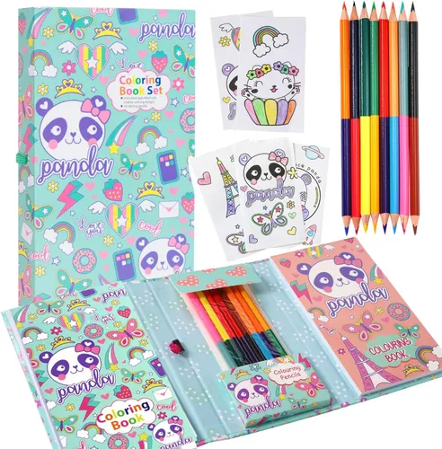 YOYTOO Juego de libros para colorear Panda con páginas para colorear y lápices de colores, suministros de arte para niños de 4 a 6 a 8 años, kit de