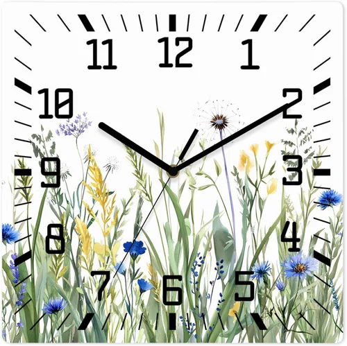 Botanical Flower Wooden Wall Clock Silent Non Ticking, Watercolor Colorful Floral Herbs Plants Square Wall Clocks Battery Operated, Decor Clock for