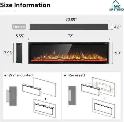 Miniatura 7 de MFSTUDIO - Chimenea eléctrica de 72 pulgadas con 84 combinaciones de color, chimenea eléctrica empotrada y montada en la pared con marco ultra