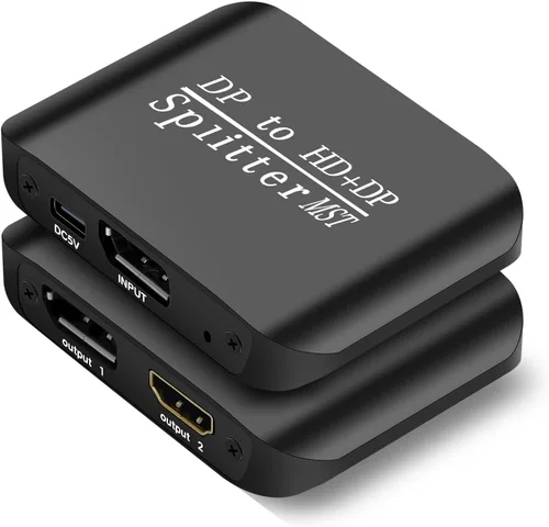 ACHAVE Divisor DisplayPort a HDMI y DisplayPort, concentrador MST 4K, metal negro, adaptador de 1 entrada y 2 salidas, convertidor de señal de video
