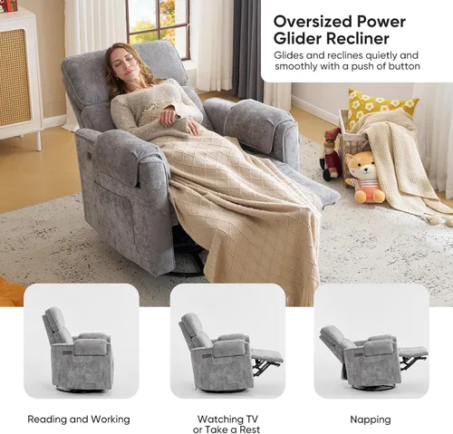 Miniatura 7 de Silla reclinable eléctrica extragrande, sillón basculante giratorio de 26" extra ancho con reposacabezas ajustable, silla de chenilla para guardería