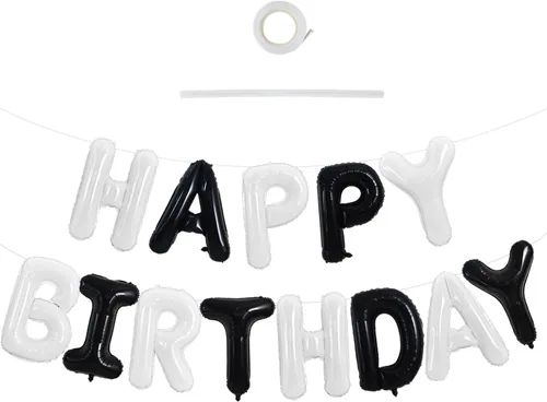 Miniatura 33 de TONIFUL Pancarta de Globos Negros de Feliz Cumpleaños de 16 Pulgadas con Letras de Papel de Aluminio Mylar, Cartel Banderín Reutilizable