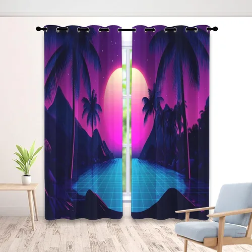 Vaporwave Neon 80’s Retro Curtains for Kitchen Windows Blackout, Colorful Synthwave Curtains for Bedroom Living Room Decor, Sunset Drapes 39 Length