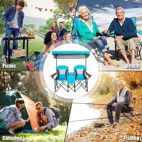 Miniatura 9 de Safstar Silla doble de campamento y playa plegable con toldo para sombra para 2 personas, con mesa pequeña para bebidas y bolsa de transporte