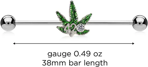 Miniatura 3 de Pierce2GO 420 Weed - Piercing de oreja industrial de acero inoxidable de grado quirúrgico 316L con circonita cúbica, piercing de oreja con colgante