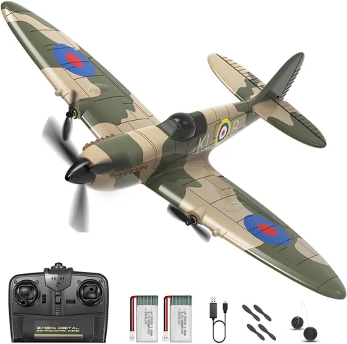 HAWK'S WORK Avión RC Spitfire Fighter de 3 canales, Warbird de control remoto listo para volar, estabilizador giroscopio de 6 ejes de 2.4 GHz, fácil