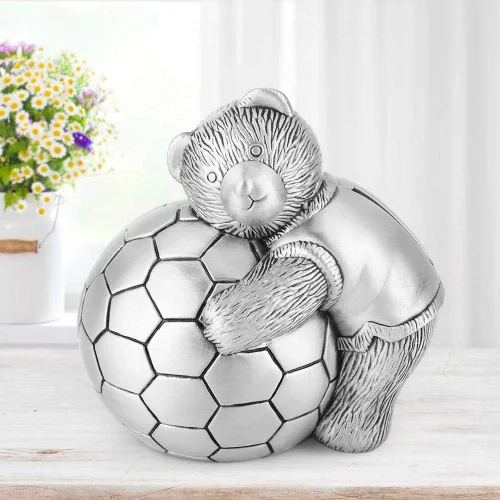 Miniatura 5 de Hucha de metal con diseño de oso pequeño con caja de dinero de fútbol, hucha de ahorro para decoración del hogar para niños
