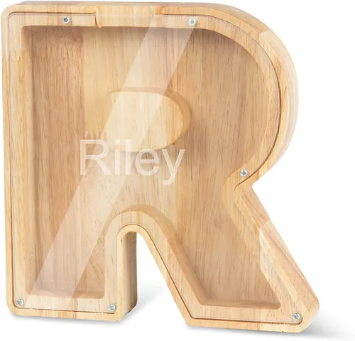 Miniatura 24 de Alcancía con nombre personalizado, 26 letras láser con texto personalizado, banco de monedas de madera, significado educativo, alcancía con nombre