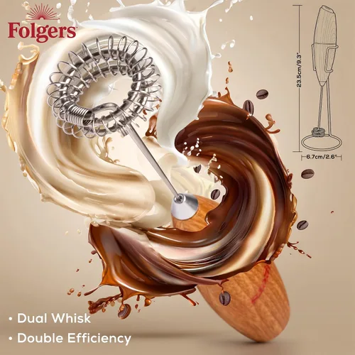 Miniatura 5 de Folgers Espumador eléctrico de leche para café, mezclador de bebidas de mano con batidor y soporte de acero inoxidable, acabado de grano de madera
