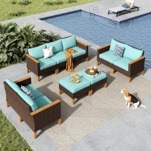 Miniatura 38 de MFSTUDIO Juego de 2 muebles de ratán para patio, sofá biplaza de mimbre para exteriores, juego de conversación para jardín, piscina, patio trasero