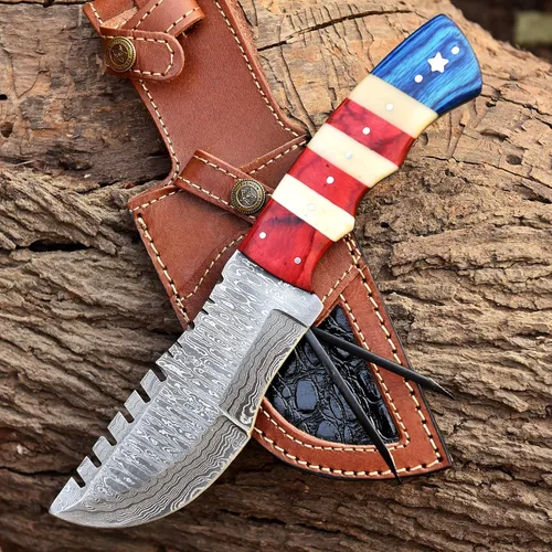 Cuchillo de Caza de Hoja Fija de Acero de Damasco con Funda de Cuero de Transporte Horizontal y Scout Carry - Cuchillos Tácticos de Supervivencia