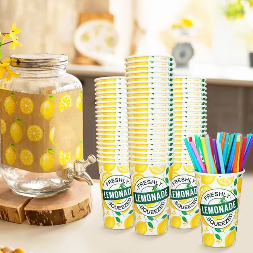 Miniatura 6 de Meanplan 300 piezas/100 juegos de vasos de limonada con tapas y pajitas, vasos desechables para fiestas, tazas de papel de limón, suministros