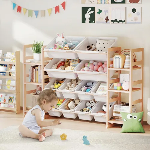 Miniatura 6 de Organizador de almacenamiento de juguetes de madera con 6 estantes y 12 contenedores, organizador de juguetes para niños, estante de juguetes